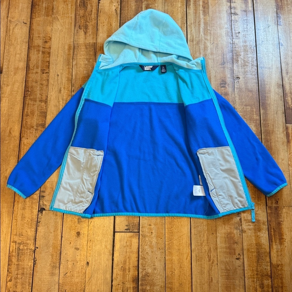 Lands End Fleece full zip size 10 unisex hooded blue color block - Picture 5 of 7